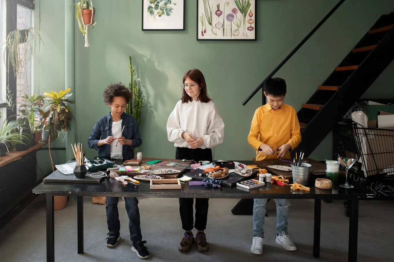 Junge Kinder machen ein DIY-Projekt aus upgecycelten Materialien.